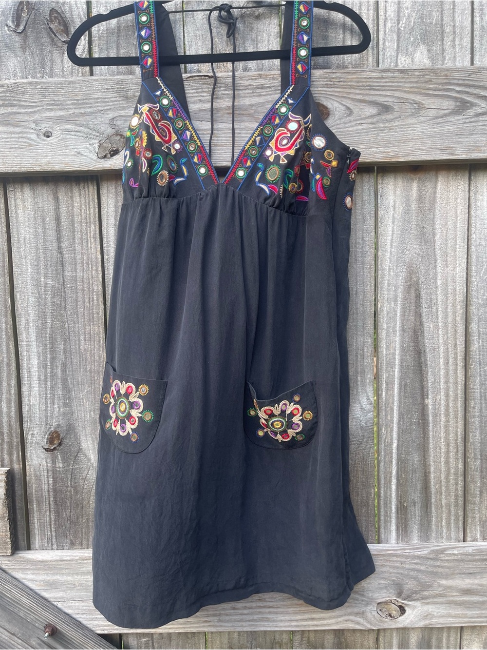 Tibi Black Silk Dress with Embroidered Multicolor Accents Sz 10